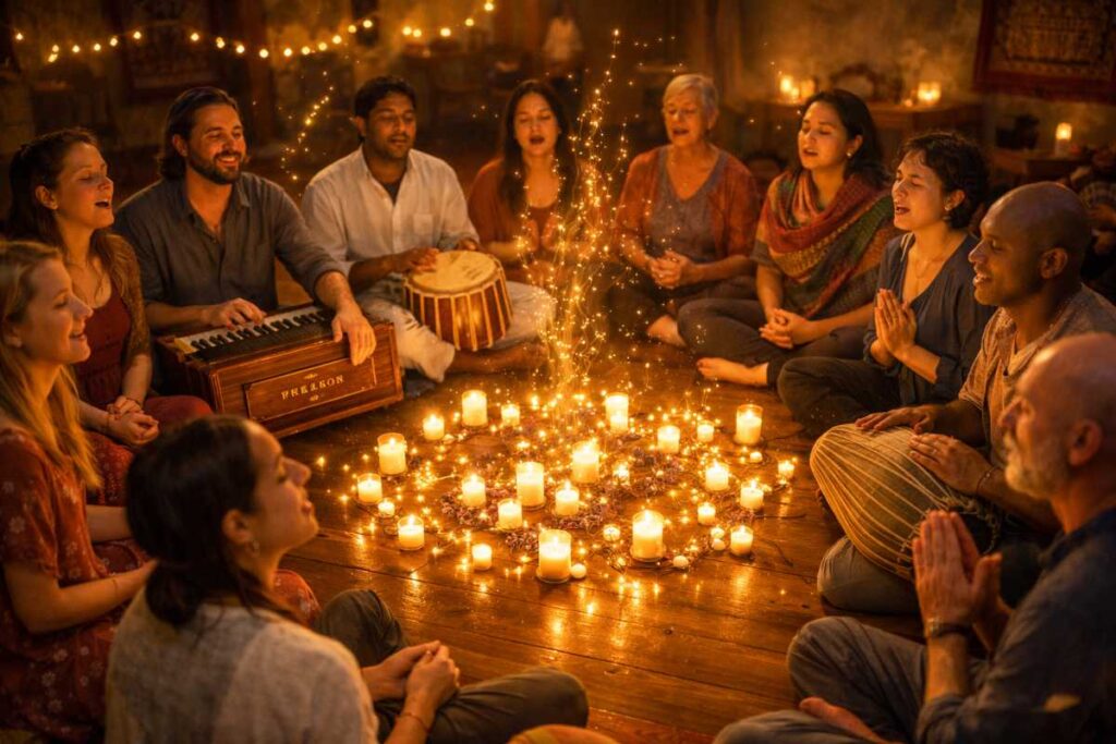 Grupo de personas cantando mantras en círculo con velas, transmitiendo paz y conexión en un encuentro de Kirtan Sinfónico en Madrid.